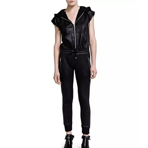 The Kooples Faux Leather Black Waxed Short Sleeve Jumpsuit. Medium (2) EUC! EDGY - Picture 1 of 11